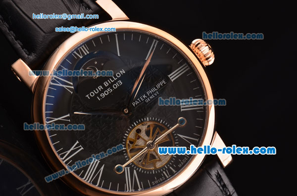 Patek Philippe Complications ST22 Automatic Rose Gold Case with Roman Numeral Markers Black Dial and Black Leather Strap - Click Image to Close